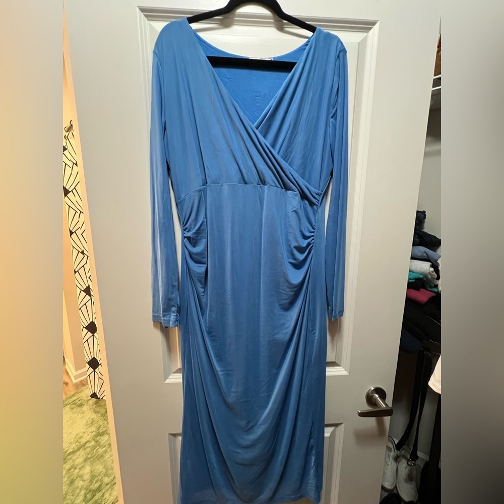 Amazon Blue Ruched Wrap Midi Maternity Dress
